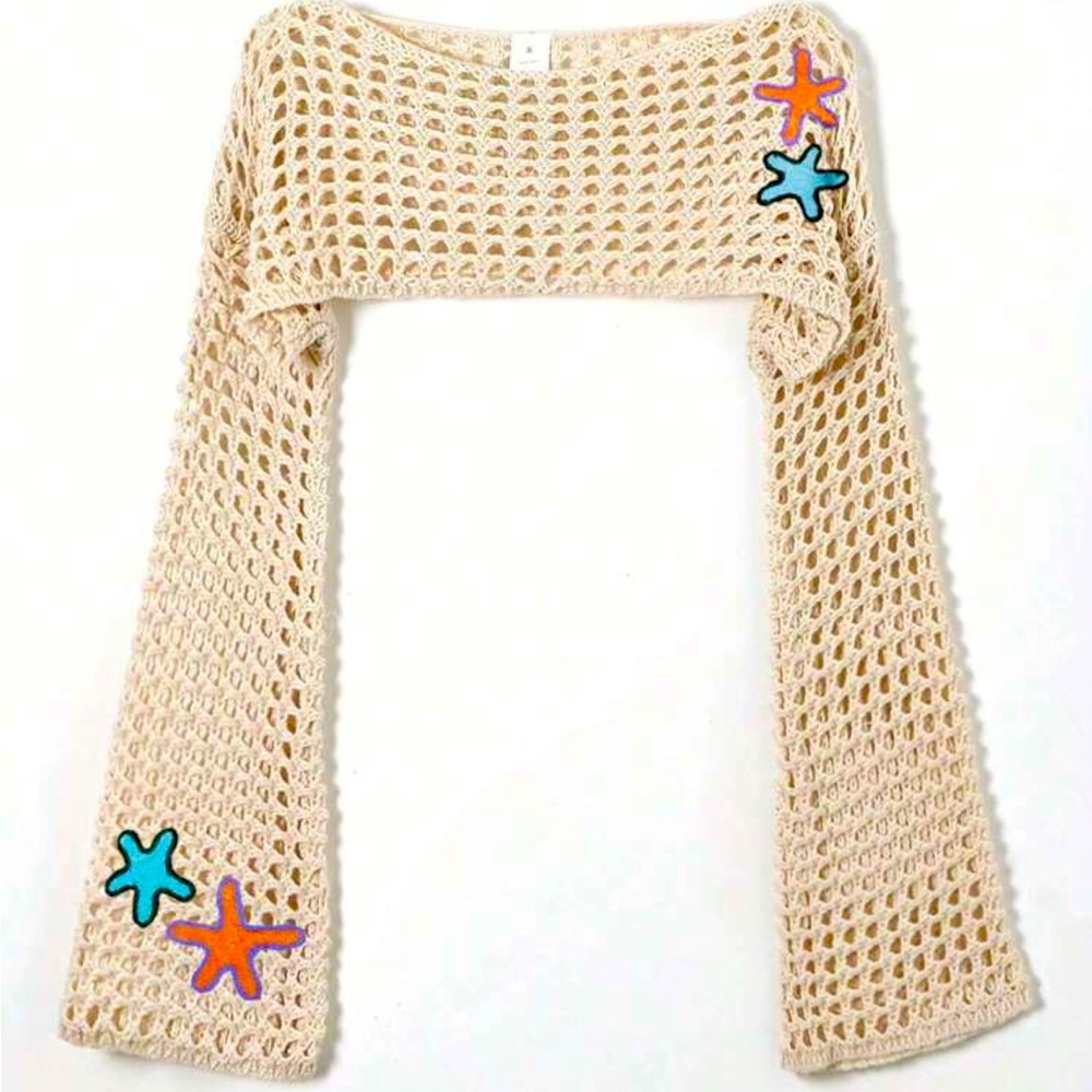Cream Crochet Bell Sleeve Top with Starfish Details